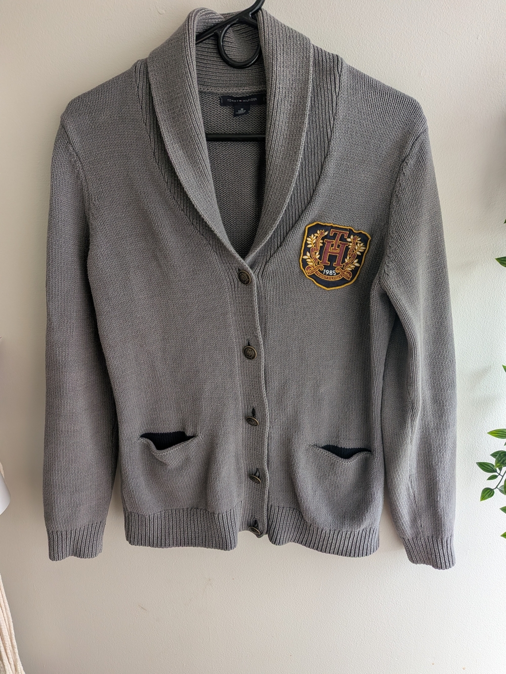 Tommy Hilfiger Neutral Gray Knit Cardigan with Shawl Collar